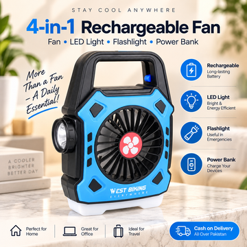 4-in-1 Rechargeable Fan – LED Light, Flashlight & Power Bank