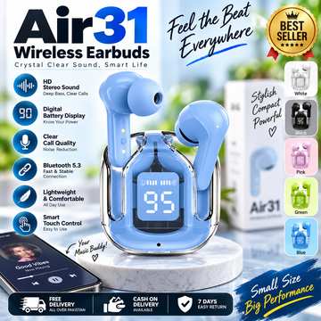 Air31 Earbuds Wireless | Crystal Transparent Bluetooth 5.3 | LED Display | Heavy Bass Stereo Sound